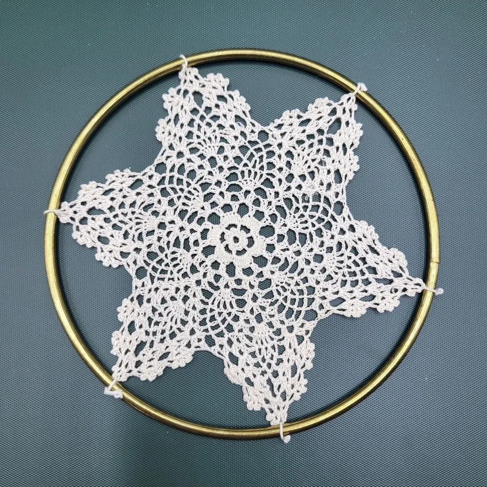 Vintage Crochet Snowflake Doily Gold Metal Hoop Handmade Lace Wall Art Decor 5